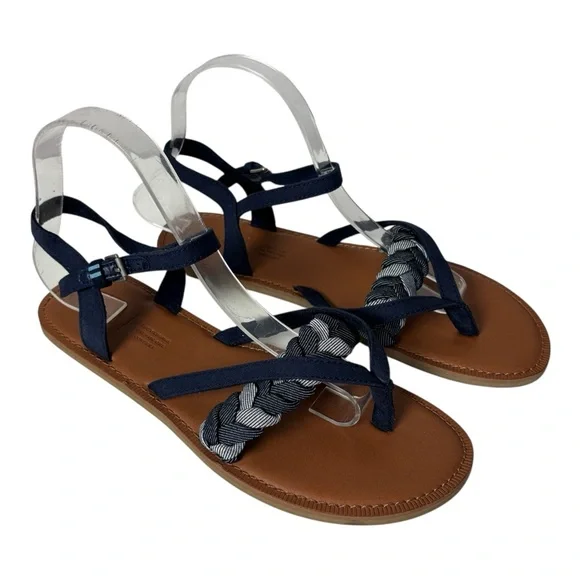TOMS Lexie Flat Sandals Navy Chambray Shoe Toe Post Ankle Strap Women’s Sz 8.5 - Picture 6 of 8